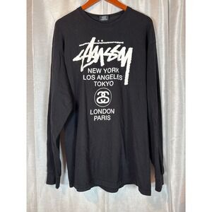 Stussy‎ World Tour Graphic Long Sleeve T Shirt Black Mens XL Stussy Logo
